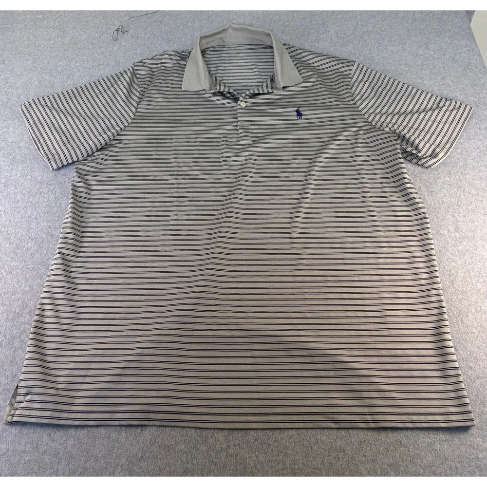 Polo Ralph Lauren Performance Mens XXL Grey Navy Striped Classic Fit Polo Shirt
